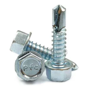 Pair of hex head self-tapping screws with a hexagonal head and a nut, both of which are zinc plated