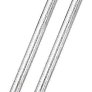 Pair of stainless steel threaded rods on a white background
