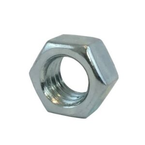 Zinc plated steel hex nut on a white background