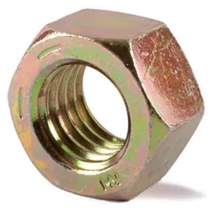 Brass hex nut on a white background