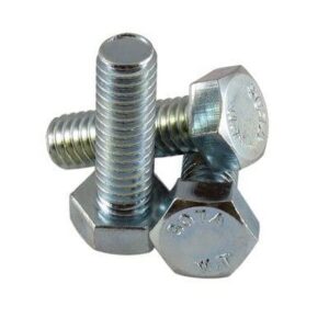 Pair of stainless steel hex bolts on a white background