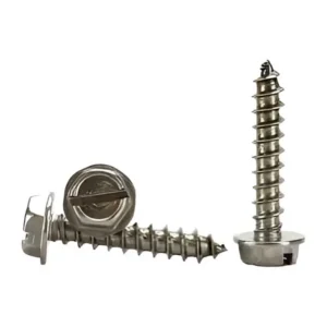 Pack of 10 stainless steel self-tapping screws on a white background