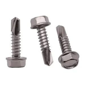 Set of three stainless steel hex head self-tapping screws on a white background