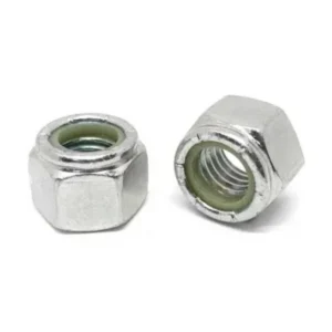 Pair of zinc plated steel hex nuts on a white background
