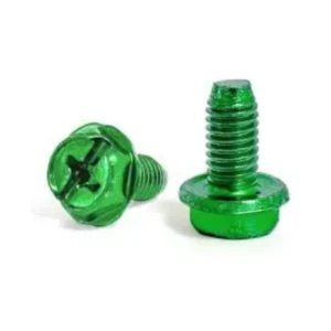 Pair of green Phillips pan head machine screws on a white background