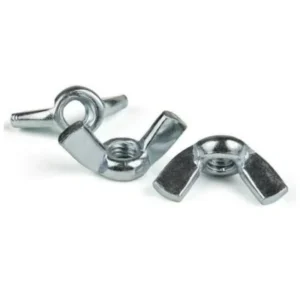 Pair of zinc plated steel eye nuts on a white background