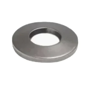 Stainless steel washer with a hole in the middle, set against a white background