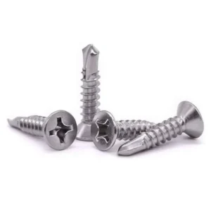 Set of Phillips pan head self tapping screws on a white background