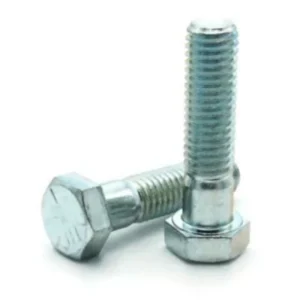 Pair of zinc plated hex bolts on a white background