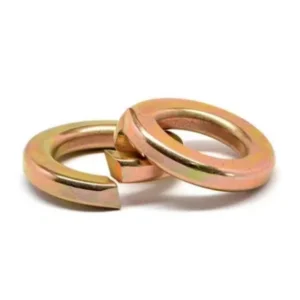 Pair of copper plated steel washers on a white background