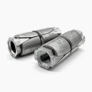 Pair of stainless steel couplings on a white background