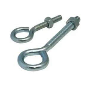 Stainless steel eye bolt with a nut and a screw, both of which are connected to a swivel hook