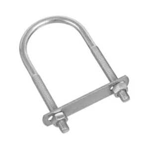 Stainless steel u-bolt with a screw and nut, measuring 2-1/2 inches in diameter, on a white background