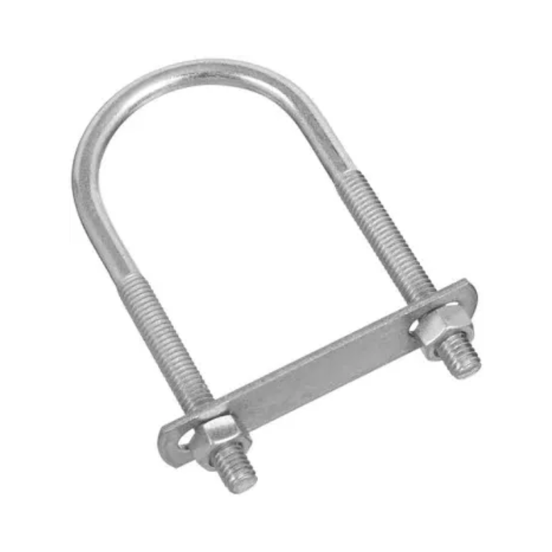 Stainless steel u-bolt with a screw and nut, measuring 2-1/2 inches in diameter, on a white background