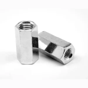 Pair of stainless steel hex nuts on a white background