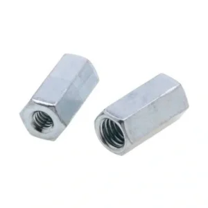 Pair of zinc plated steel hex nuts on a white background