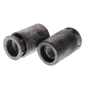 Pair of black plastic bushings, which are part of a 2-pack of 1/4-inch x 1-3/4 inch steel pipe fittings
