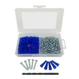 White box filled with a variety of blue screws and nuts, including a screwdriver, on a white background