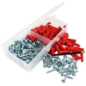 Box of red screws and nuts on a white background
