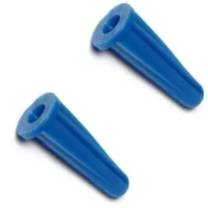 Pair of blue plastic ear plugs on a white background