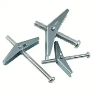 Set of three stainless steel screws on a white background