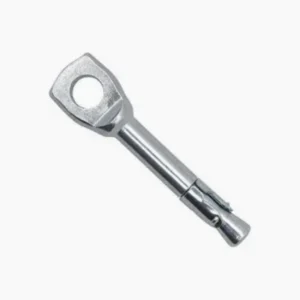 Stainless steel swivel eye bolt with a nut on a white background