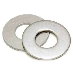 Pair of stainless steel flat washers on a white background