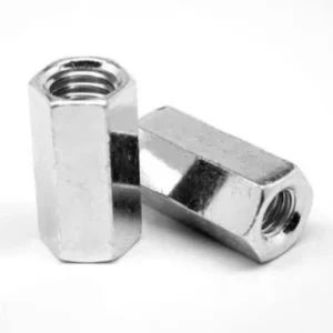 Pair of stainless steel hex nuts on a white background