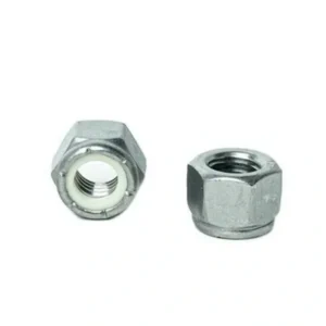 Pair of stainless steel hex nuts on a white background