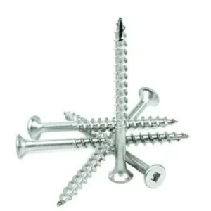 Pile of Phillips pan head self-tapping screws on a white background