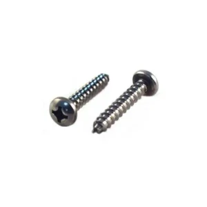 Pair of Phillips pan head self tapping screws on a white background