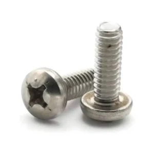 Pair of stainless steel Phillips pan head machine screws on a white background