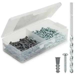 Clear plastic box filled with screws and a drill bit, which is a combination of a screw and a screwdriver