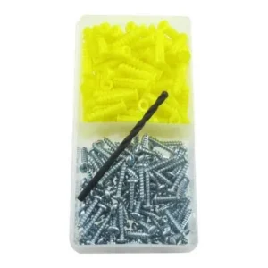 Box of yellow screws and a black screwdriver on a white background