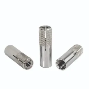 Set of three stainless steel threaded nuts, known as a 3/8-inch x 1/4-inch stainless steel insert, on a white background