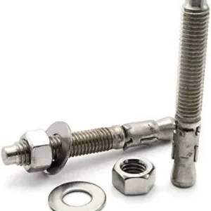 Set of stainless steel bolts and nuts on a white background